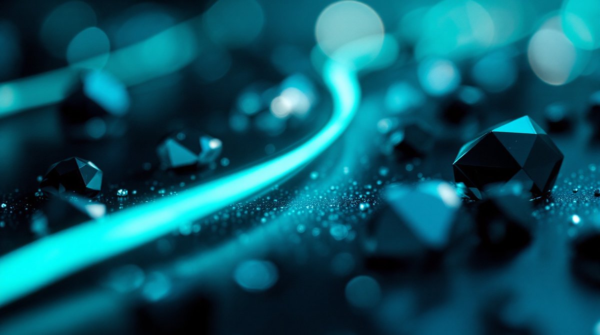 Macro shot of glass prisms and a glowing teal light strand on dark navy, representing an AEO audit of AI search visibility