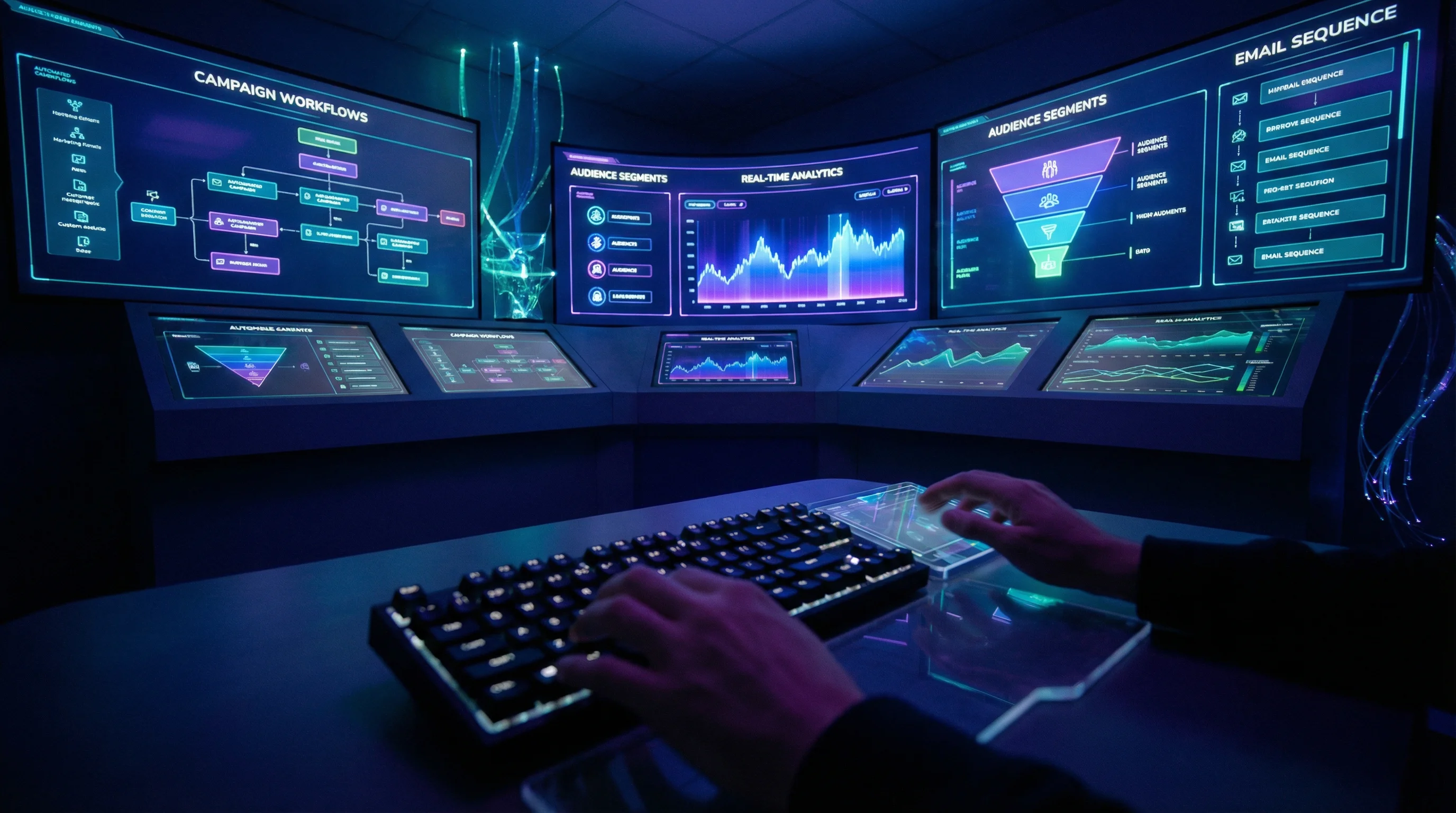 AI marketing automation control room with campaign workflow, audience segmentation, real-time analytics and email sequence management screens