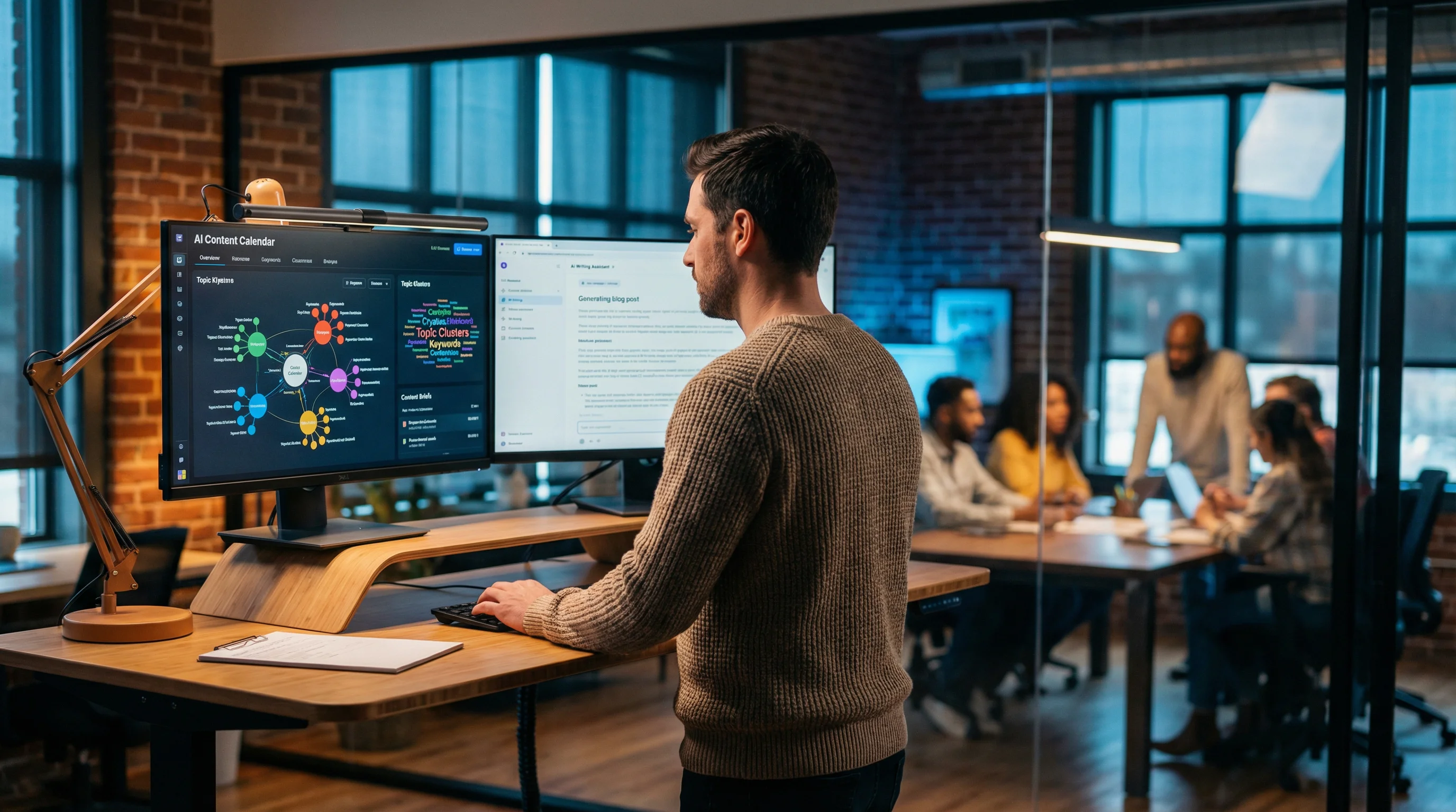 AI-powered content marketing strategy workspace with topic cluster map, keyword research and AI writing assistant on dual monitors