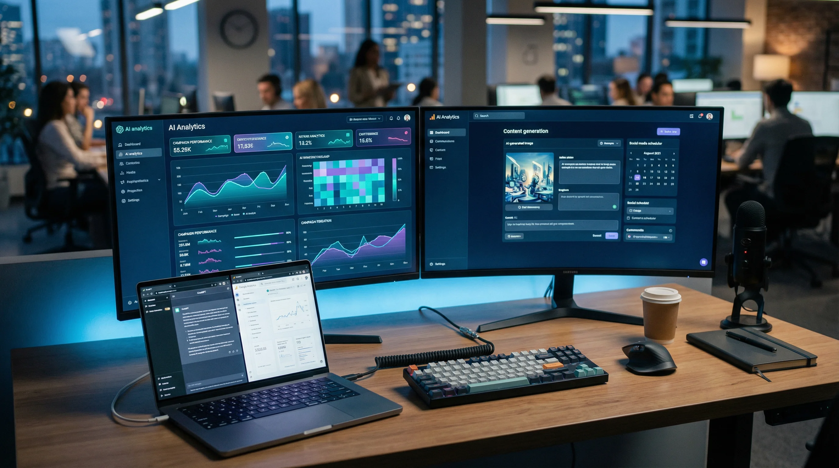 Strumenti AI per il digital marketing con dashboard che mostra analisi, creazione contenuti e automazione campagne su più schermi