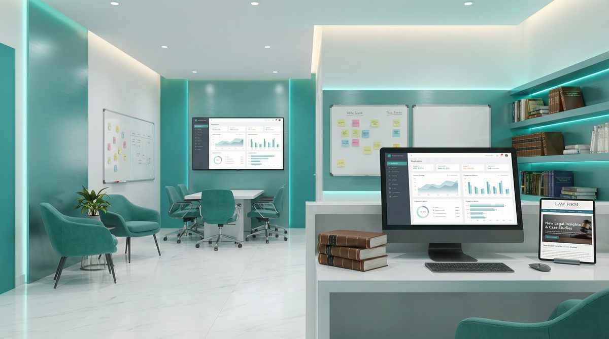 Content marketing strategy board for law firms showing blog topics, case studies, and legal FAQ content planning