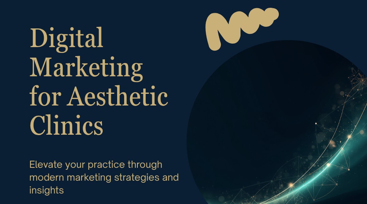Dark navy hero graphic with teal growth-chart line and gold accents for Digital Marketing for Aesthetic Clinics