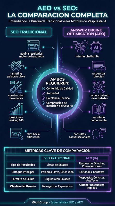 Infografía comparativa AEO vs SEO tradicional mostrando palabras clave, backlinks, meta tags vs consultas conversacionales, respuestas directas, asistentes IA