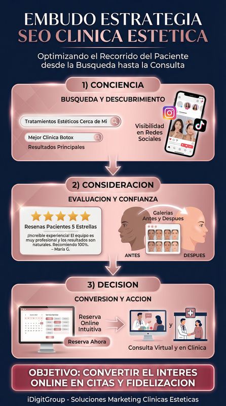 Infografía embudo de estrategia SEO de clínica estética mostrando el viaje del paciente desde conciencia a consideración a decisión