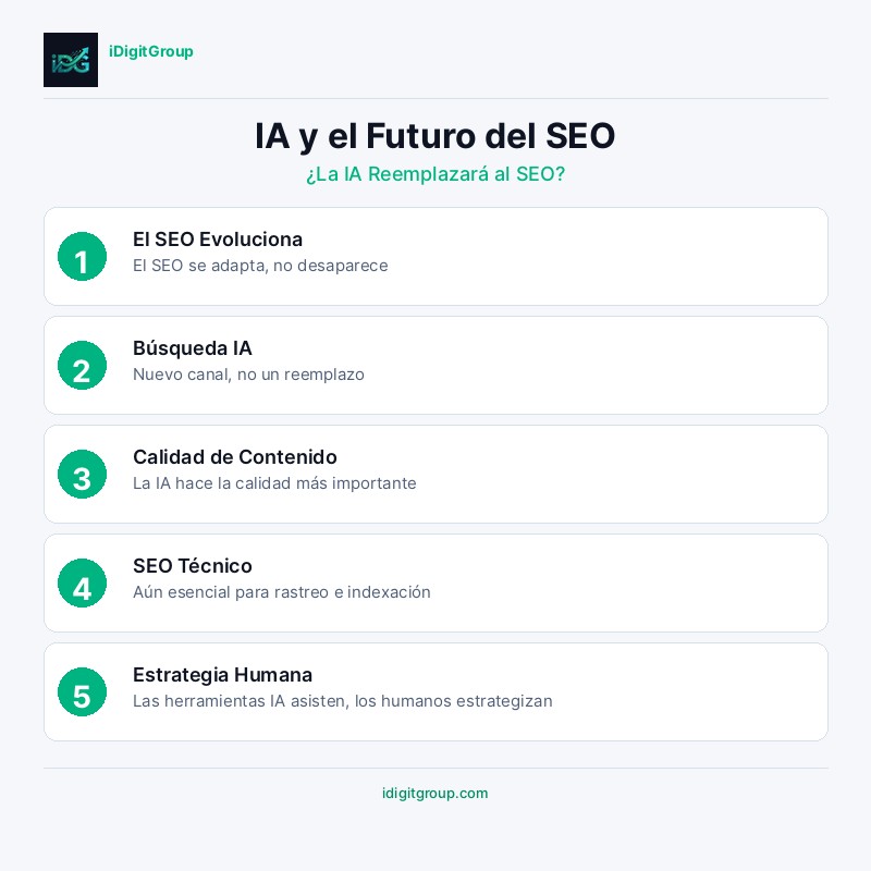 Infografía explorando si la IA reemplazará al SEO mostrando evolución de búsqueda, qué cambia y estrategias híbridas