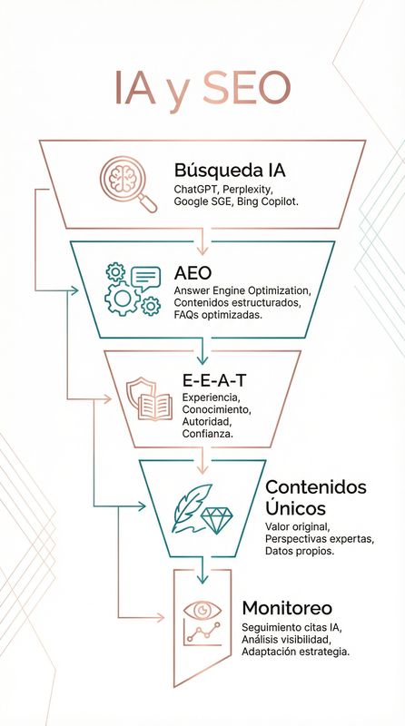 Infografía del panorama IA y SEO mostrando cómo la IA cambia la búsqueda, checklist de optimización de contenido para IA, factores de visibilidad IA y estadísticas de uso