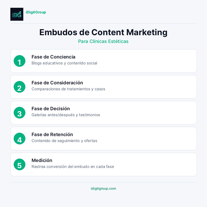 Infografía de embudo de marketing de contenidos para clínicas estéticas mostrando etapas de conciencia, consideración, conversión y retención