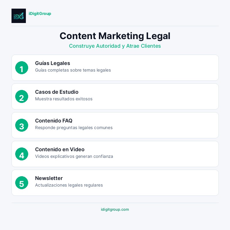 Infografía de marketing de contenidos para bufetes mostrando estrategia de blog, contenido FAQ, casos de estudio y canales de distribución