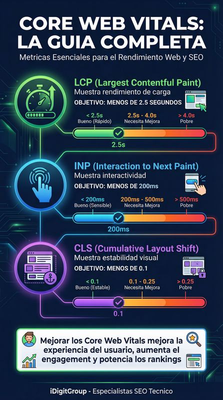 Infografía de métricas Core Web Vitals mostrando LCP, FID/INP y CLS con umbrales bueno, necesita mejora y pobre