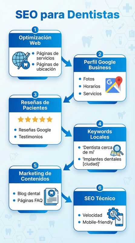 Infografía de elementos esenciales SEO dental mostrando 5 factores clave de ranking, embudo del viaje del paciente desde búsqueda hasta cita y estadísticas de búsqueda local