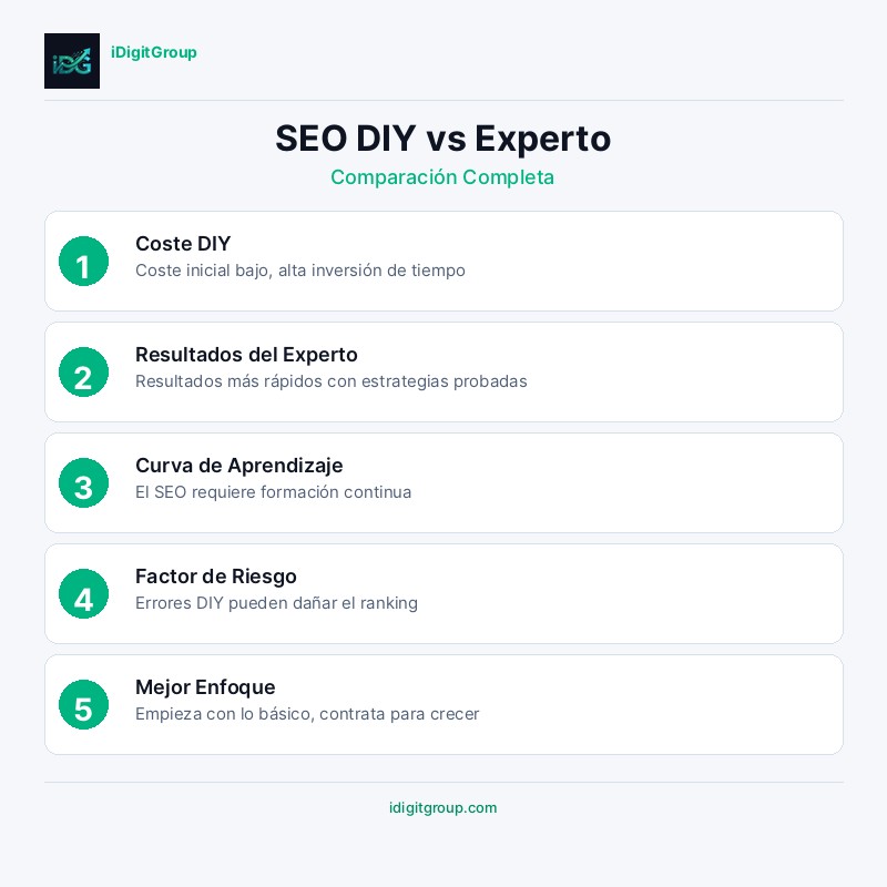 Infografía comparativa SEO DIY vs experto mostrando pros, contras y factores de decisión para cada enfoque