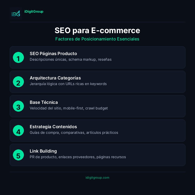 Infografía SEO e-commerce con optimización páginas producto, arquitectura web y consejos conversión