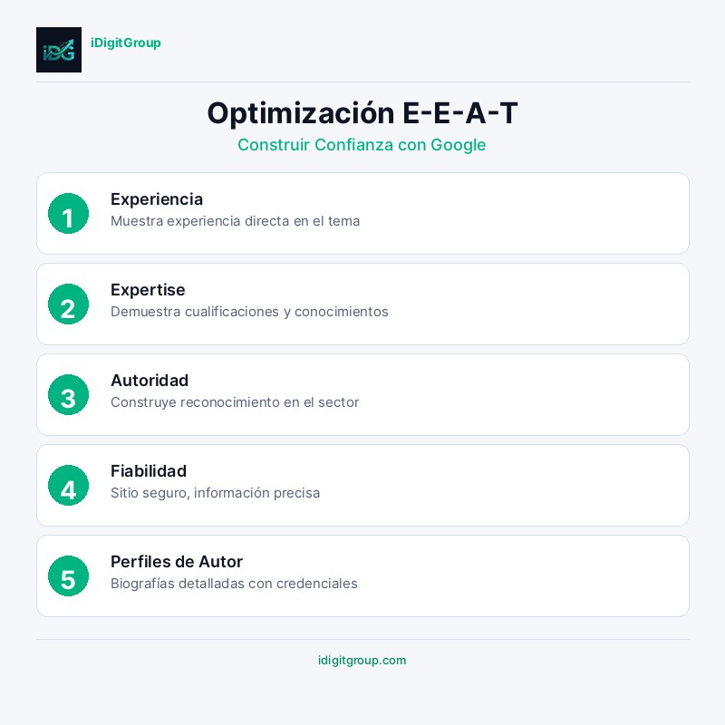 Infografía de optimización E-E-A-T mostrando señales y estrategias de implementación para Experiencia, Expertise, Autoridad y Confiabilidad