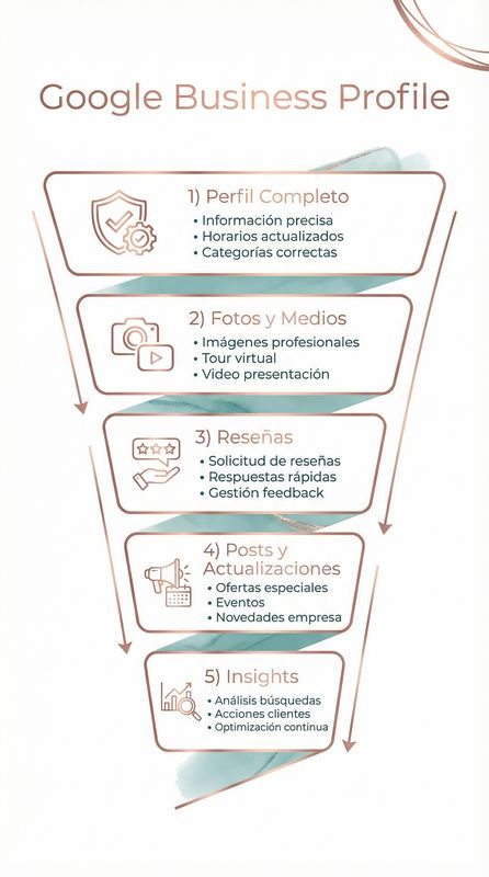 Infografía de optimización de Perfil de Google Business mostrando checklist de completitud del perfil, pilares de factores de ranking y mejores prácticas para SEO local