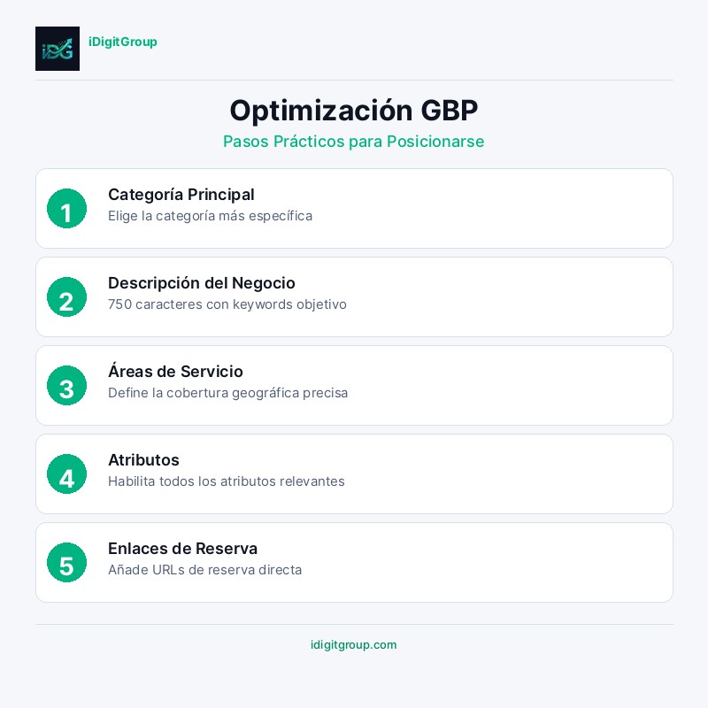Infografía de optimización de Perfil de Google Business mostrando completar perfil, multimedia, reseñas, publicaciones y monitoreo de rendimiento