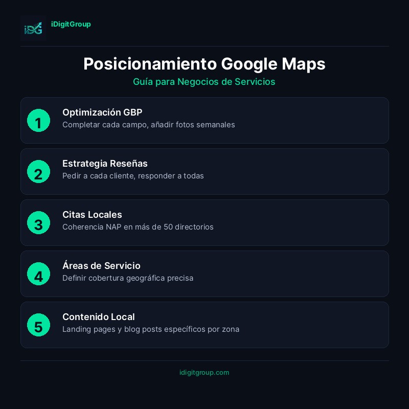 Infografía posicionamiento Google Maps con optimización GBP, reseñas y citas locales