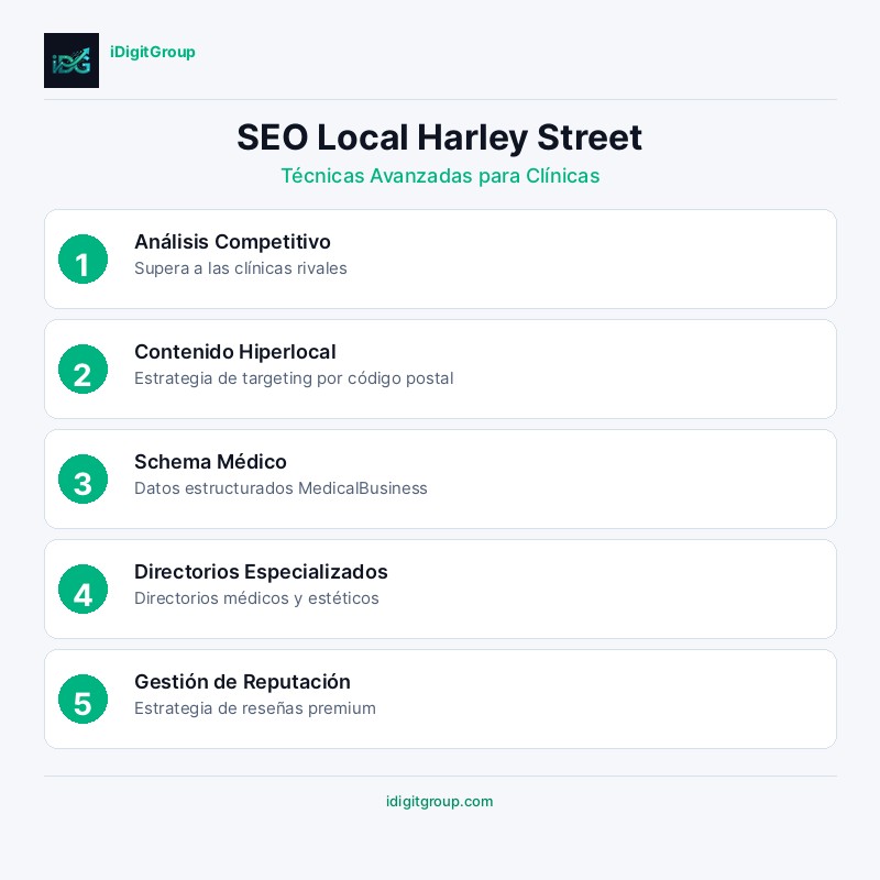 Infografía de técnicas avanzadas de SEO local para clínicas de Harley Street mostrando segmentación hiperlocal, schema médico y gestión de reputación