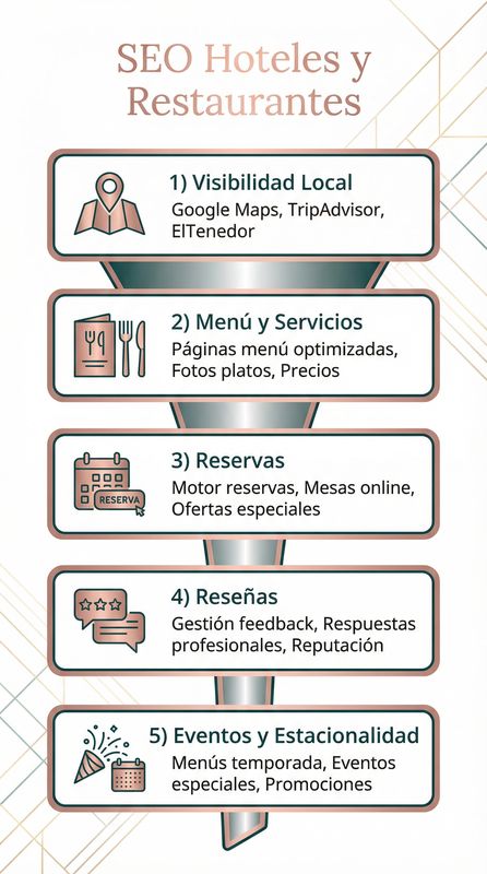 Infografía de SEO para hoteles y restaurantes mostrando canales de marketing hotelero, optimización de búsqueda local, gestión de reseñas y estrategias de reservas directas
