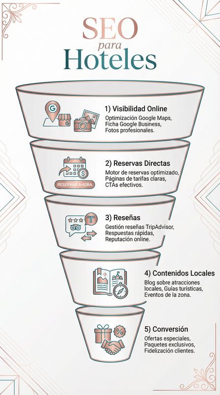 Infografía de SEO hotelero para reservas directas mostrando comparación de canales de reserva, pirámide de prioridades SEO y beneficios de reservas directas