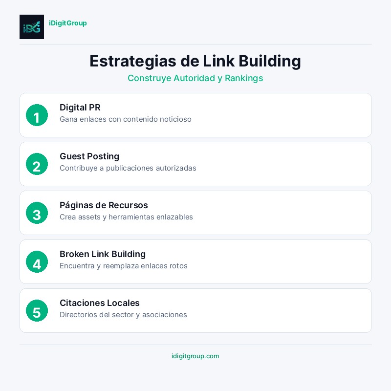 Infografía guía de estrategias de link building mostrando guest posting, PR digital, broken link building, outreach de recursos y citas locales