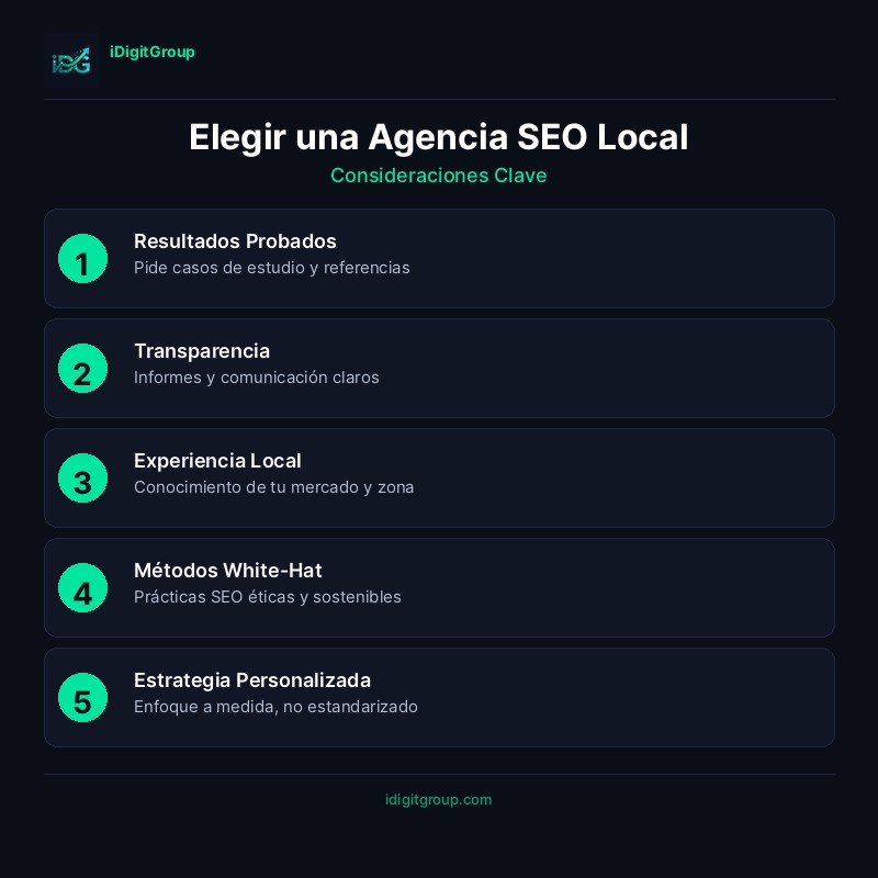 Infografía de elegir una agencia SEO local mostrando verificación de historial, evaluación de experiencia, transparencia, estrategia y señales de alarma