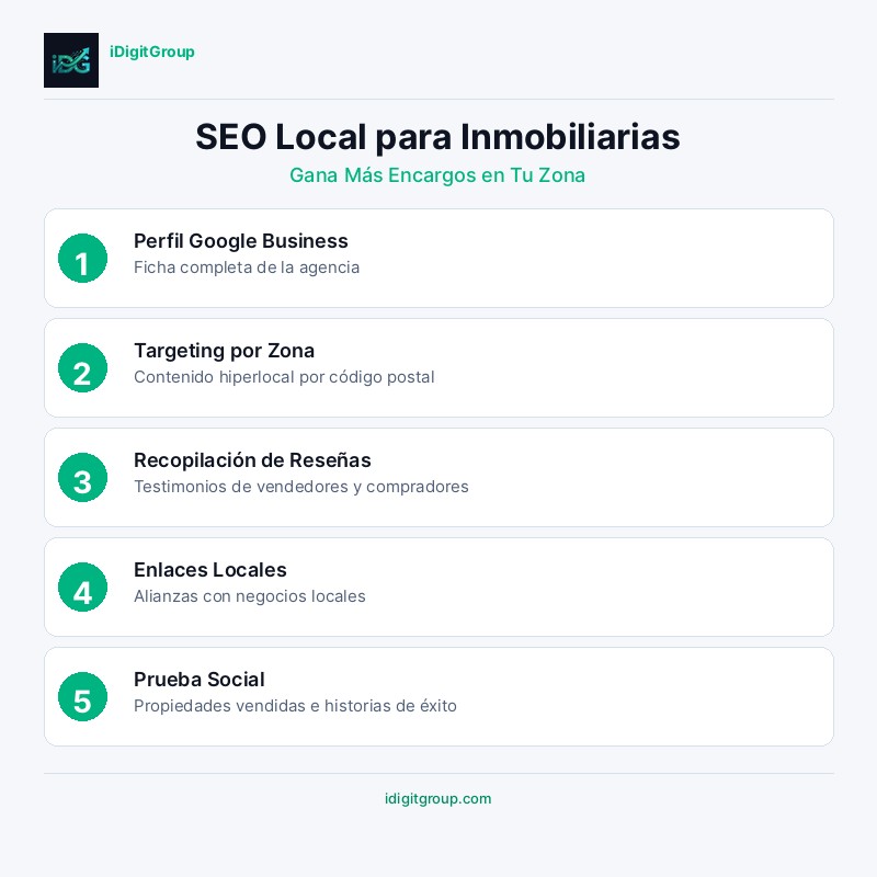 Infografía de SEO local para agentes inmobiliarios mostrando Perfil de Google Business, citas locales, páginas de área, reseñas y link building local