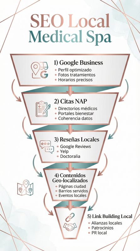 Infografía de estrategia SEO local para medical spas mostrando optimización de Perfil de Google Business, palabras clave locales, gestión de reseñas y embudo de conversión