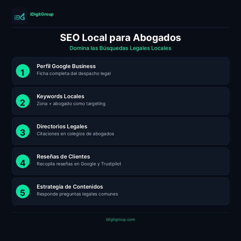 Infografía de SEO local para abogados mostrando Perfil de Google Business, citas locales, estrategia de reseñas, contenido local y optimización de Map Pack