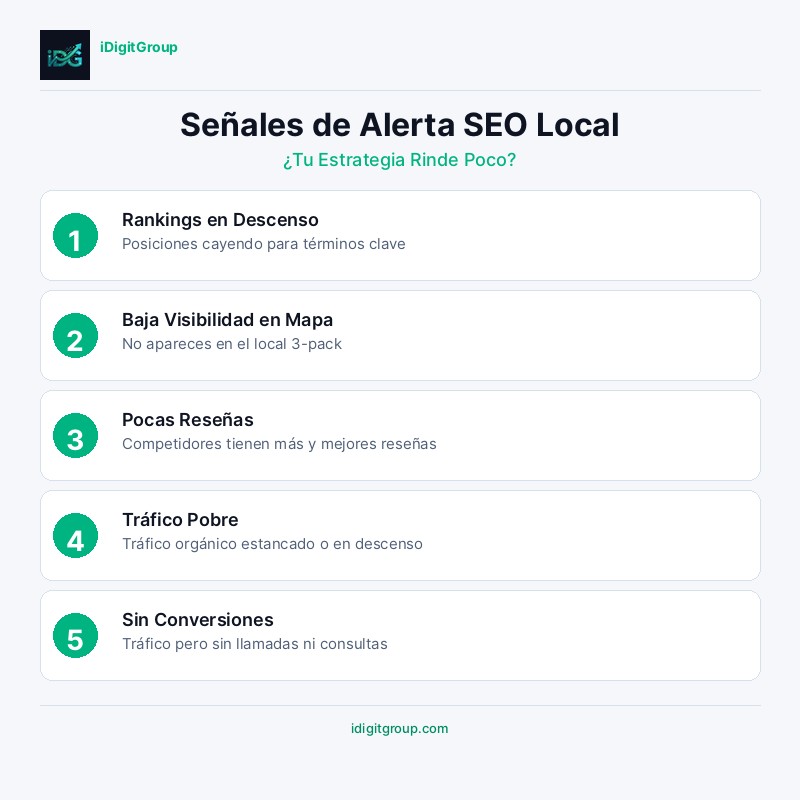 Infografía señales de que tu SEO local no funciona mostrando tráfico en declive, baja visibilidad en Map Pack, reseñas negativas y bajas conversiones