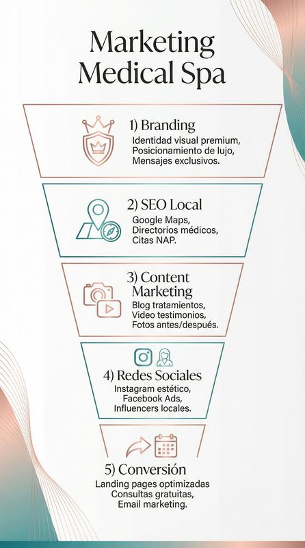 Infografía de estrategia de marketing de medical spa mostrando distribución de canales de marketing, estrategia de contenido, embudo de conversión y métricas clave de rendimiento