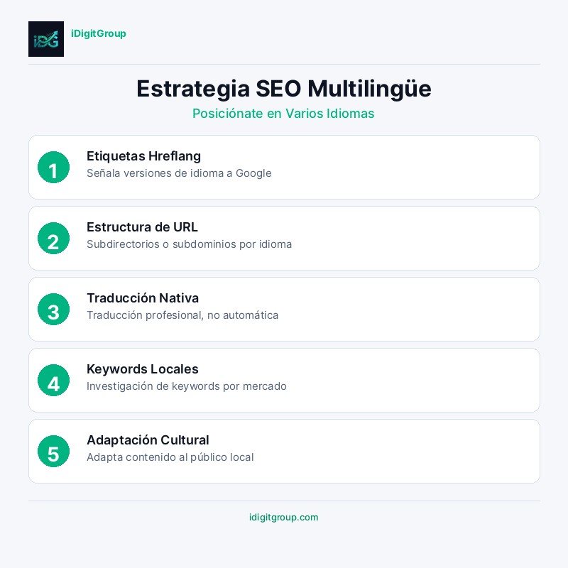 Infografía de estrategia SEO multilingüe mostrando implementación hreflang, localización de contenidos, investigación de palabras clave internacional y estructura de URL