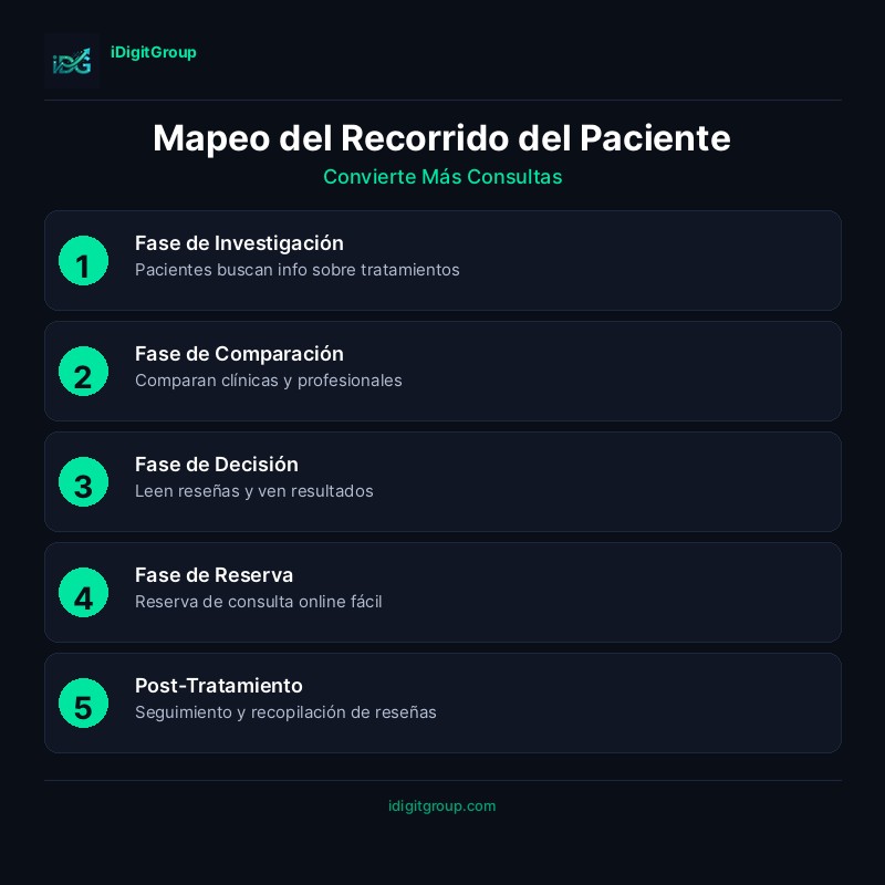 Infografía de mapeo del recorrido del paciente para clínicas estéticas mostrando etapas de conciencia, investigación, consideración, tratamiento y retención