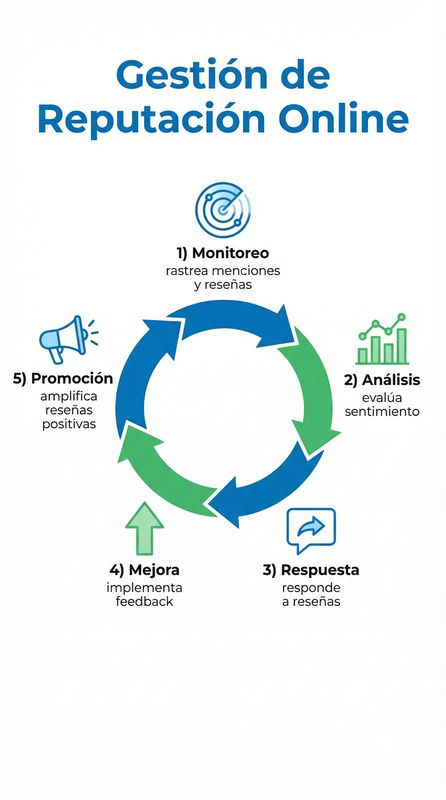 Infografía del ciclo de gestión de reputación online mostrando monitoreo de reseñas, respuesta rápida, fomento de reseñas positivas, gestión de feedback negativo, análisis de sentimiento