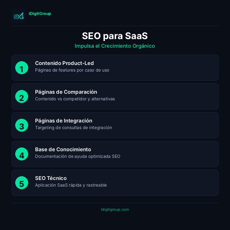 Infografía de crecimiento orgánico SEO SaaS mostrando contenido product-led, páginas de funcionalidades, contenido comparativo y métricas de crecimiento