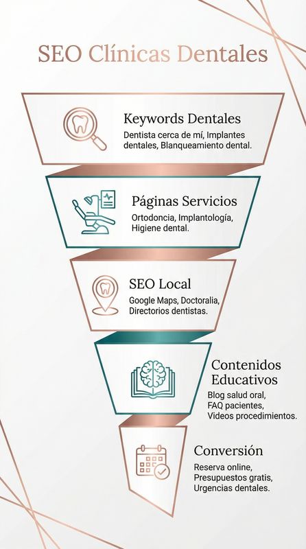 Infografía de SEO para dentistas mostrando embudo de marketing de consultorio dental, optimización de búsqueda local, estrategias de adquisición de pacientes y factores clave de ranking