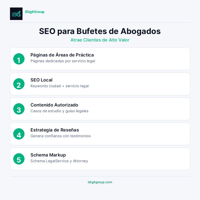Infografía guía SEO para bufetes mostrando fundamentos SEO local, páginas de áreas de práctica, marketing de contenidos, gestión de reputación y SEO técnico