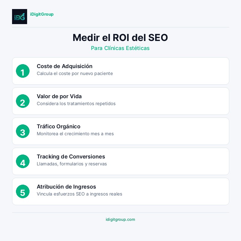 Infografía de medición de ROI SEO para clínicas estéticas mostrando definición de KPIs, monitoreo de tráfico, medición de conversiones, cálculo de ROI y reporting