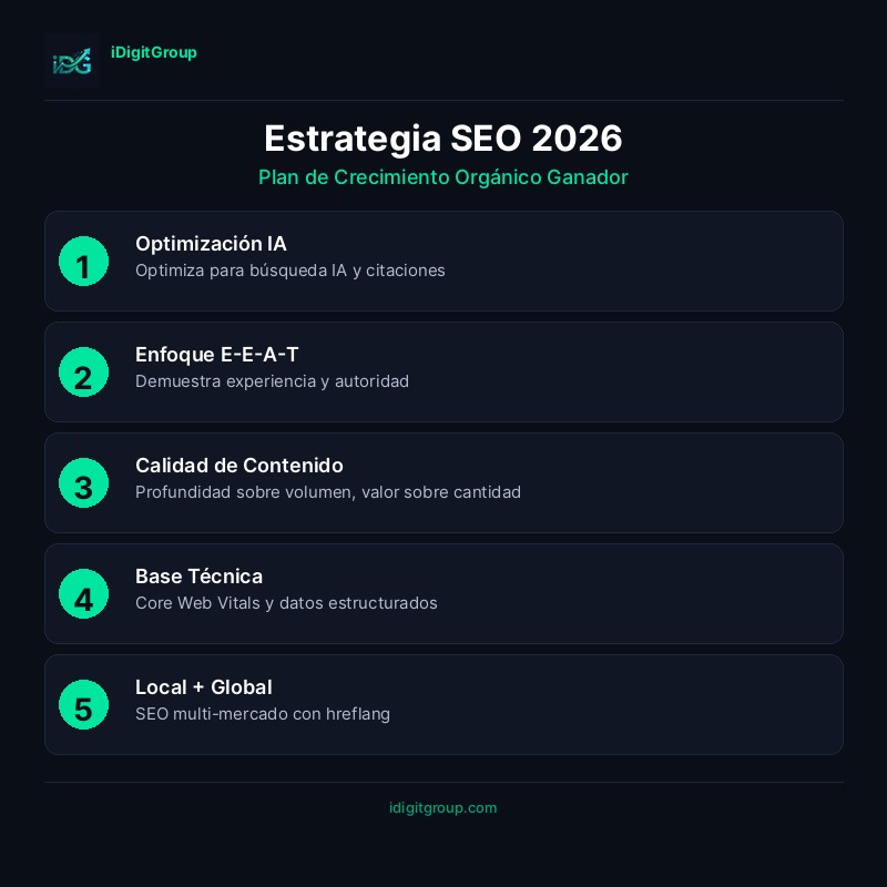 Infografía guía de estrategia SEO mostrando fundamentos técnicos, estrategia de contenidos, optimización on-page, autoridad off-page y futuro SEO con IA