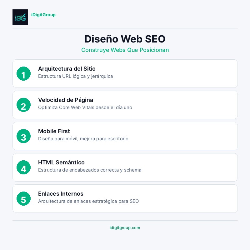 Infografía guía de diseño web SEO mostrando arquitectura del sitio, diseño mobile-first, velocidad de página, elementos SEO on-page y experiencia de usuario