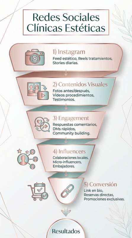 Infografía de marketing en redes sociales para clínicas estéticas mostrando estrategia de plataformas, calendario de contenido, métricas de engagement y mejores prácticas