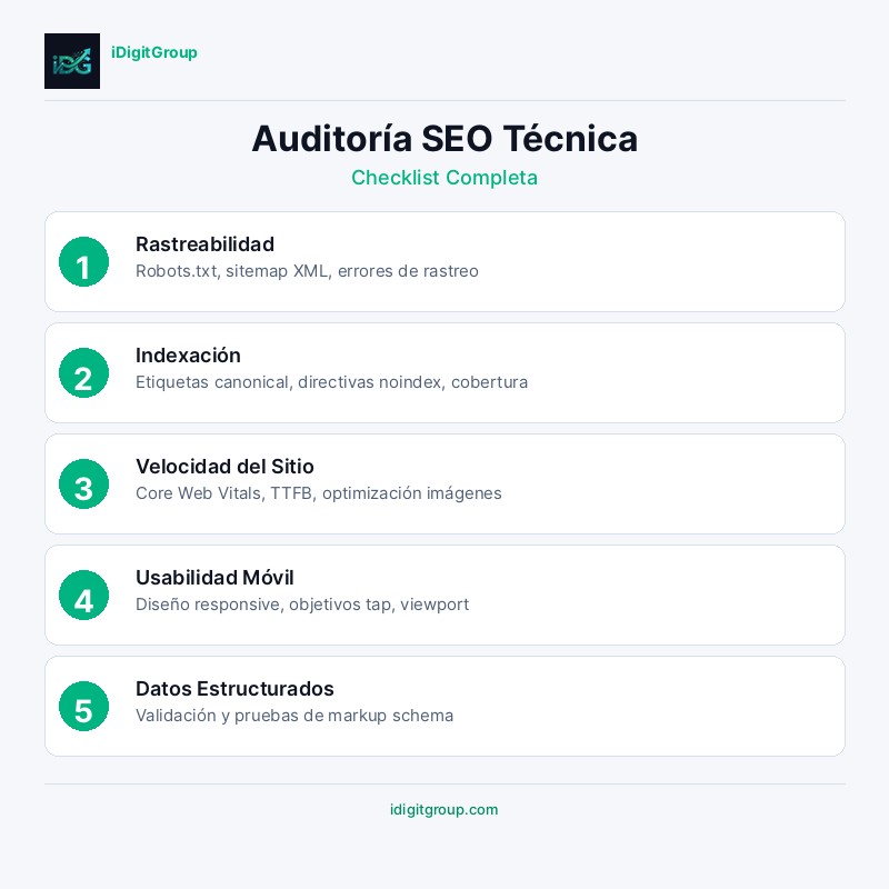 Infografía auditoría SEO técnico con verificaciones rastreabilidad, Core Web Vitals e indexación