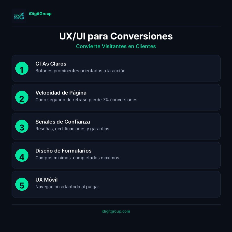 Infografía de optimización de conversión UX/UI mostrando análisis de comportamiento de usuario, simplificación de navegación, optimización de CTAs, pruebas A/B y reducción de fricción