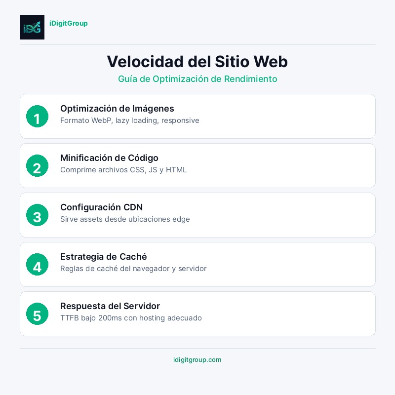 Infografía de optimización de velocidad web mostrando Core Web Vitals, optimización de imágenes, minificación de código, estrategia de caché y CDN hosting