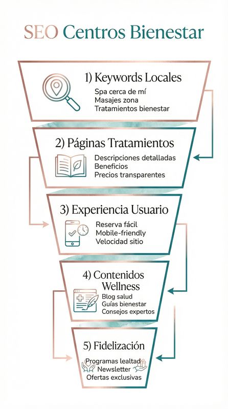 Infografía de estrategia SEO de wellness y spa mostrando categorías de palabras clave objetivo, estrategia de contenido, elementos esenciales de SEO local y estadísticas del sector
