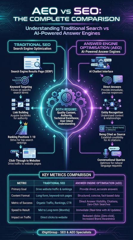 AEO vs Traditional SEO comparison infographic showing keywords, backlinks, meta tags vs conversational queries, direct answers, AI assistants