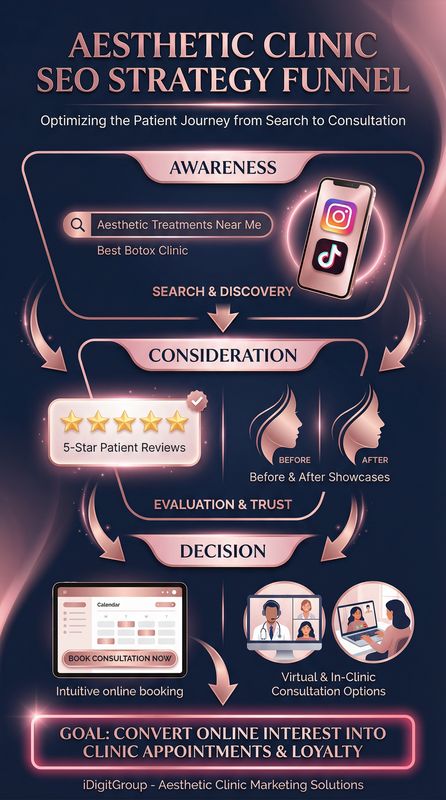 Aesthetic clinic SEO strategy funnel infographic showing patient journey from awareness to consideration to decision