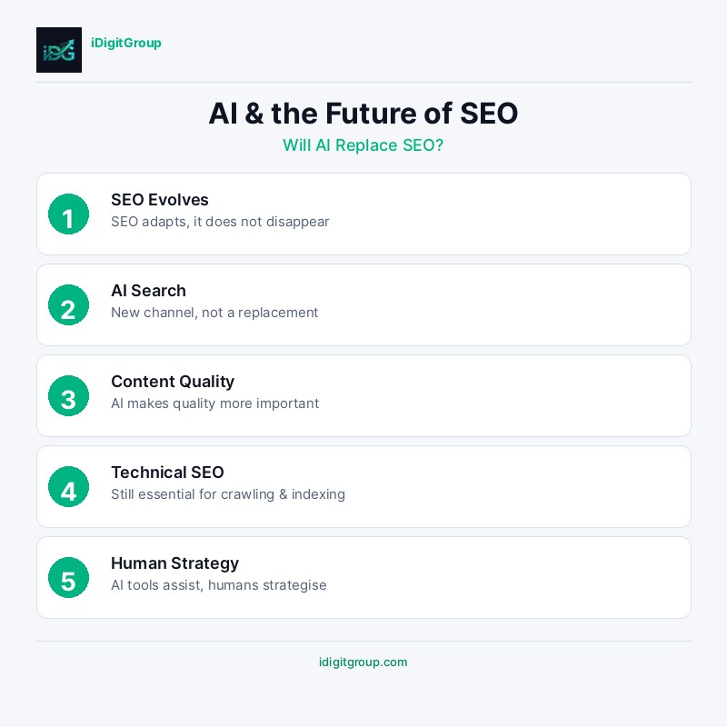 Infographic exploring whether AI will replace SEO showing search evolution, what changes, and hybrid strategies