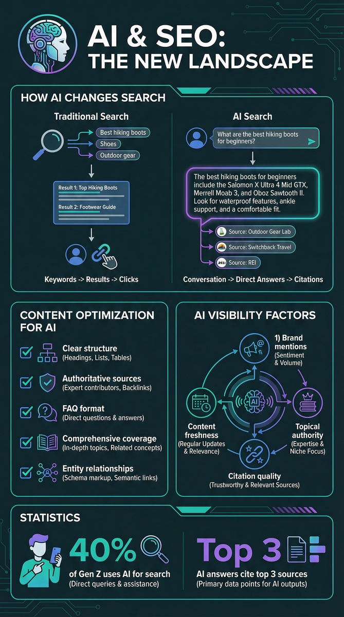 AI and SEO landscape infographic showing how AI changes search, content optimization checklist for AI, AI visibility factors, and usage statistics