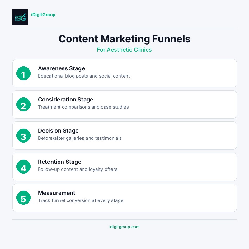 Content marketing funnel infographic for aesthetic clinics showing awareness, consideration, conversion, and retention stages
