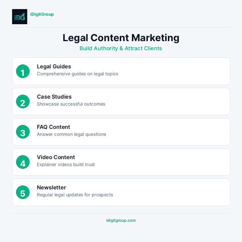 Content marketing infographic for law firms showing blog strategy, FAQ content, case studies, and distribution channels